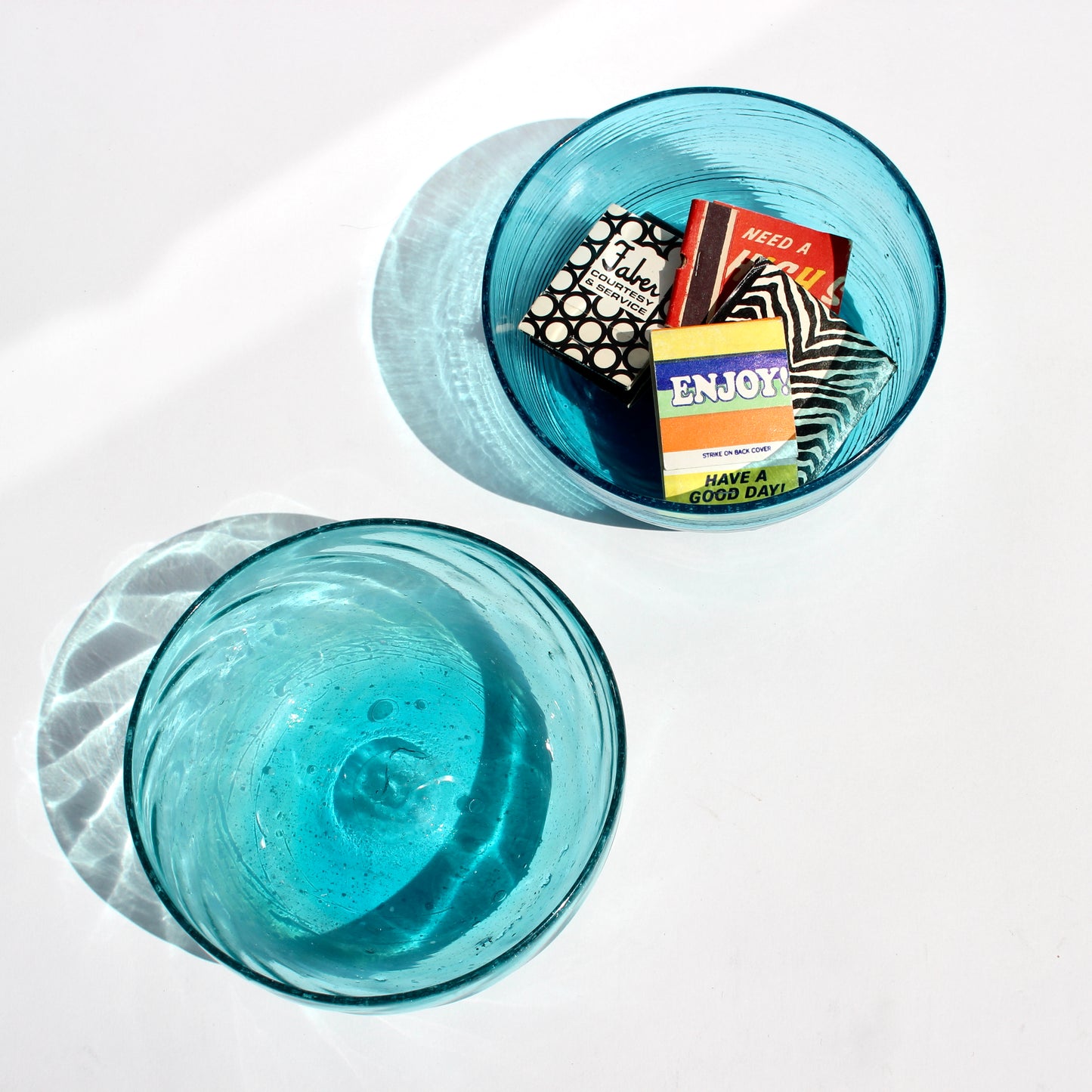 handblown aqua glass bowls