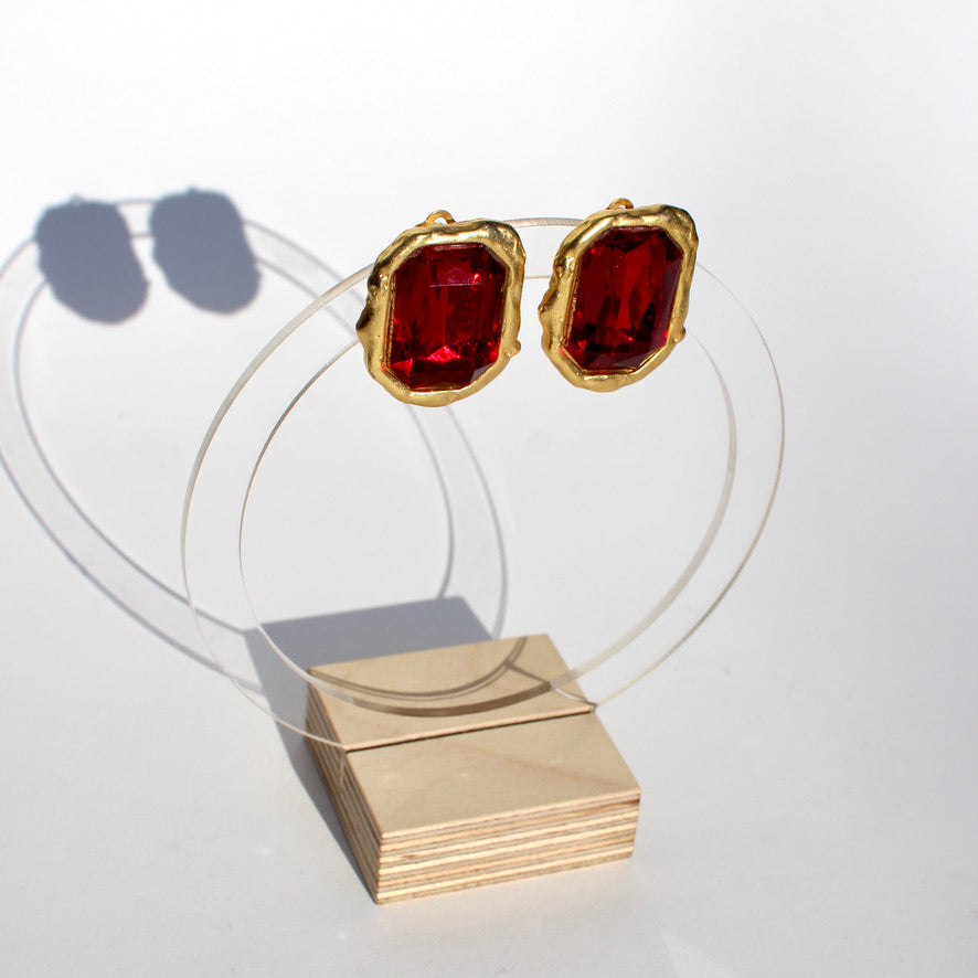 ruby glass clip earrings